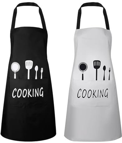 2 Piezas Delantal de Cocina, Delantales de Cocina con Correa para El Cuello Ajustable, Delantal Impermeable y a Prueba de Aceite, para Mujeres, Hombres, Cocina, Hornear, Pintura，Negro y Beige