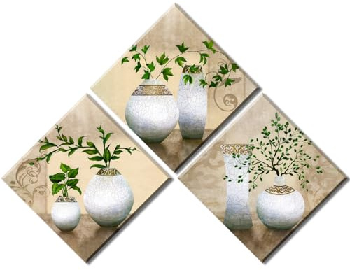 Piy Painting Kunstdrücke auf Leinwand Grüne Pflanzen in Vase Leinwandbild Modern Wandbilder Set, Wanddekoration Mit eingebautem Holzrahmen Bilder für Restaurant, Café und Büro 3X 30x30cm