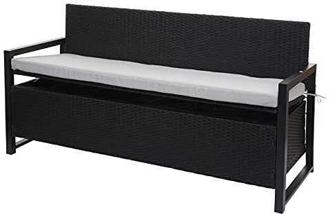 Mendler Poly-Rattan 3er Sitzbank HWC-F39AM, Gartenbank Truhenbank, Staufach Aufbewahrung Sitzkissen - anthrazit, Kissen grau