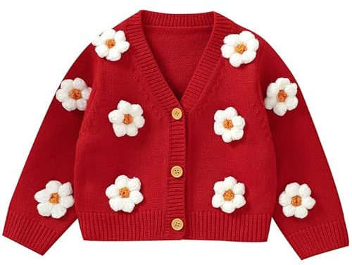 LAWKUL Baby Toddler Girl Cardigan Warm Sweater Floral Long Sleeve Jumpers Coats Knitted Clothes Red 6-9 Months
