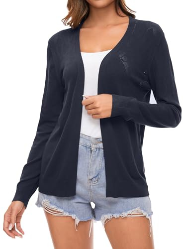 Famrrifuu Cardigan Donna in Maglia Cotone Leggero Maniche Lunghe Aperto Giacca Elegante Casual Cardigan,Blu,L