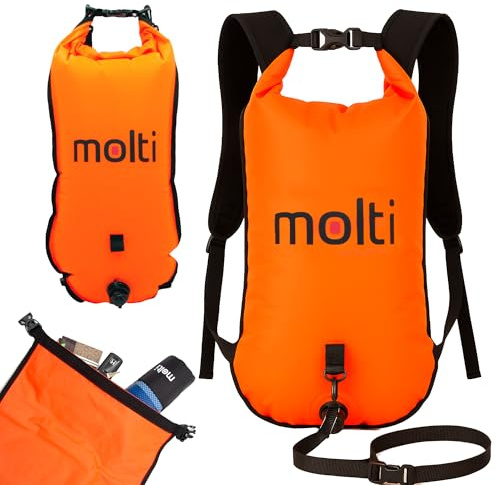 molti 2in1 aufblasbare Schwimmboje und Trockensack 15L 28L Pull Boje für Erwachsene Baywatch Boje Orange Sicherheit beim Schwimmen Open Water und Triathlon (BA003, Orange, 28 L)