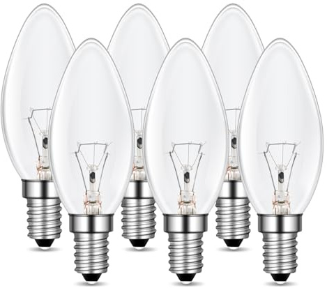E14 Kerze Lampe Dimmbar, C35 Klar Glas Birne, 2700K Warmweiß, 600 Lumen, Kerzeform, AC 230V, E14 Kerzenlampen, für Kristall Licht, Kronleuchter, Wandlampe, Leuchter, Schreibtischlampe, 6 Stück