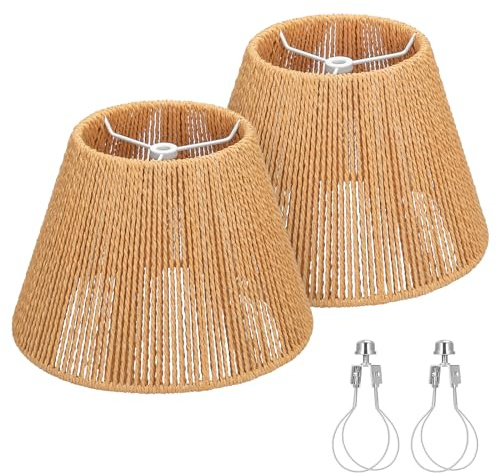 Small Rattan Lamp Shades Set of 2, Boho Lamp Shades for Table Lamps, 5.5 Top x 10 Bottom x 6.6 High, Wicker Lampshade Replacement for Bedroom, Hand Woven, Spider, Bulb Clip Adapters Included
