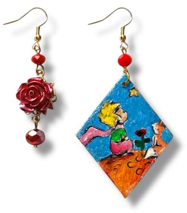 Orecchini dipinti a mano - PICCOLO PRINCIPE - Orecchini asimmetrici da donna, Gioielli in legno dipinto, Gancio in argento, Made in Italy, Lavorazione Artigianale, Idea regalo originale