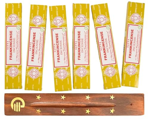 Original Satya Frankincense Incense Sticks Pack of 6X 15G with Greensense Holder for Aromatherapy, Spa, Yoga, Weddings, Meditation, Healing, Positivity and Relaxation
