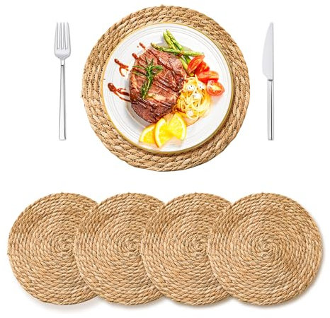 Defined Deco - Set di tovagliette rotonde in rattan da 10,5 cm, in giacinto d'acqua naturale intrecciato a mano, tovagliette in vimini intrecciato rustico, per tavolo da pranzo, casa, matrimoni.