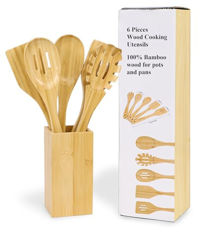 Topflöffel aus Bambus – 6-teilig Kochlöffel Kochutensilien Holzlöffel, hitzebeständig, mit bequemem Griff, schonend für beschichtete Pfannen Abtropflöffel, Spatel, Spaghettilöffel und Suppenkelle