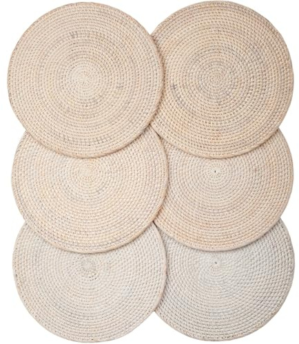 Decvel 6-Pack Rattan Placemats - 13-inch Round Placemats (Whitewash) - Woven Place Mats, Round Table Mats - Wicker Chargers for Dinner Plates, Plate Chargers Boho - Rattan Decor, Kitchen Table Decor