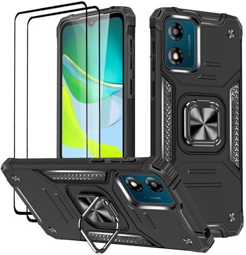KANSi Funda para Motorola Moto E13, Cristal Vidrio Templado [2 Piezas] Capa Anillo iman Soporte Hard PC y Silicona TPU Antigolpes Armor Carcasa - Negro