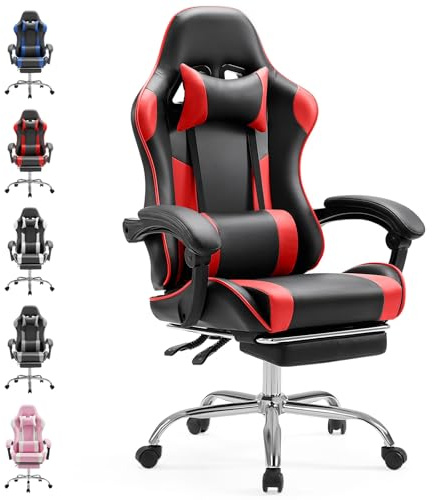 Sweetcrispy Gaming Stuhl,Ergonomischer Bürostuhl mit Fußstütze,Gamer PC Stühle mit Kopfstütze Lendenkissen,90-150° einstellbar Gaming Chair,Leder Drehbar Schreibtischstuhl Computerstuhl,Rot | Bürostuhl mit Fußstütze, Kopfstütze Lendenkissen, 90-150° einstellbar, Leder Drehbar, Schreibtischstuhl Computerstuhl