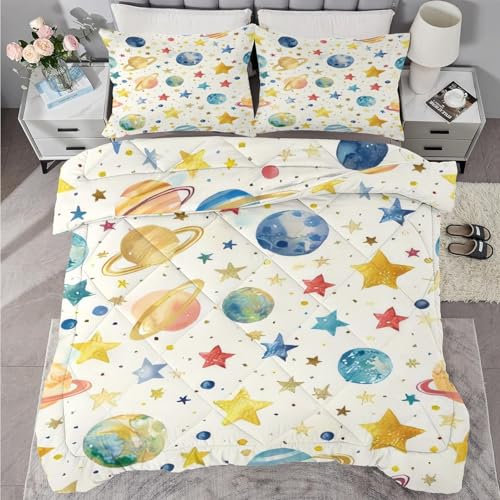 buyluhn Bettdecke 135x200 Planet, 4 Jahreszeiten Bettdecken Stern Ohne Bezug Nutzbar, Kinder Steppdecke Ganzjahresdecke，Waschbar Bettzeug mit 2 Kissenbezug für Sommer Winter