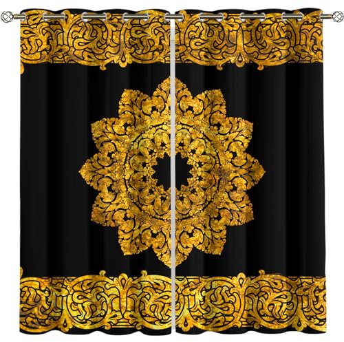 KBDQGX Kinder Gardinen Kinderzimmer Junge Mädchen Blickdicht Schwarze Goldene Sonne 140X160Cm 2Er Set Verdunkelungsvorhang Thermovorhang Hitzeschutz Vorhänge Wohnzimmer Schlafzimmer Vorhänge Mit Ösen