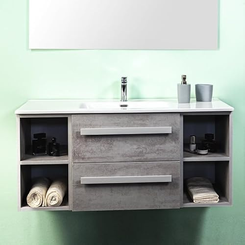 Yellowshop| Mobile Bagno Sospeso 120 cm – 2 Cassetti con Toletta, Lavabo, Design Moderno, Finitura Cemento Chiaro (Mobile con Lavaoìbo)