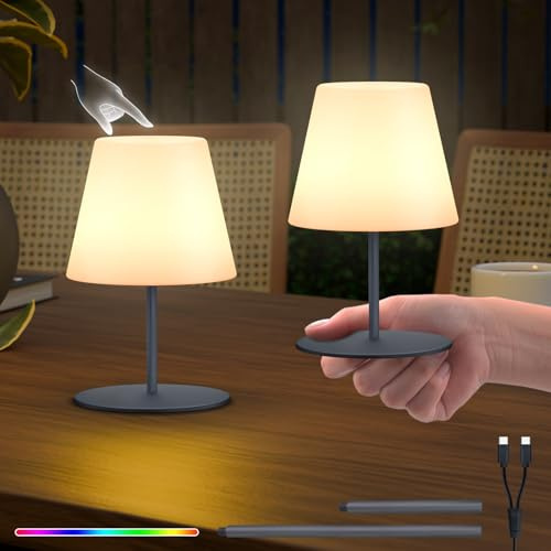 RWWR 2 Stück Tischlampe Kabellos LED Akku Kleine Nachttischlampe Mini 8 Farben USB-C Aufladbar Tischleuchte Outdoor Indoor IP44 8-10h Akkulaufzeit Höhenanpassung Grau