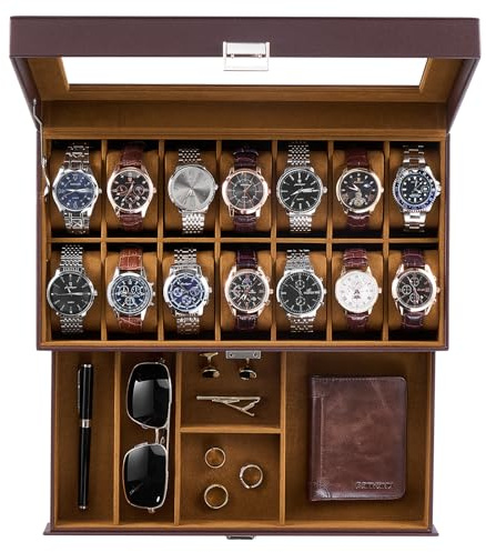 ProCase Boîte à Montres 2 Niveaux, 14 Emplacements avec Tiroir | Rangement pour Montres, Bijoux et Accessoires, Couvercle en Verre, Coussins Doux, Grande Capacité, Marron