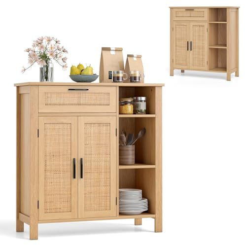 KOMFOTTEU Buffet Bas avec 2 Portes en Rotin, Meuble Rangement de Cuisine, 3 Niveaux d’Étagères & 1 Tiroir, Armoire de Salle à Manger, 2 Dispositifs Anti-basculement, 75 x 30 x 80 cm, Naturel