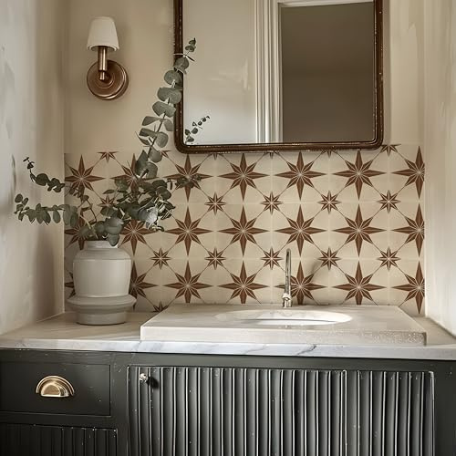 Alwayspon Adesivi per piastrelle, 25 pezzi, 20 cm, marrone scuro, a forma di stella, autoadesivi, per bagno, cucina, paraspruzzi, in vinile, per pavimenti e pareti