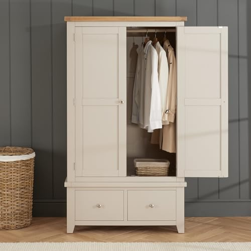 Cheshire Dove Grey Painted Double 2 Door Wardrobe with 2 Drawers | Solid Wood Shaker Style with Whitewash Oak Top | Hanging Rail | Two Handle Options | Bedroom Storage | H 1900 x W 1070 x D 590mm