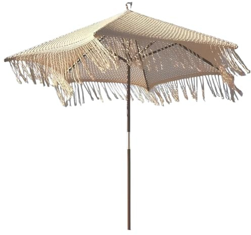 Ombrellone da spiaggia in tessuto cavo, ombrellone decorativo da giardino bohémien, con nappe, funzione puleggia in corda, asta in legno da 48 mm per patio, prato, cortile, terrazza, bianco, 270cm
