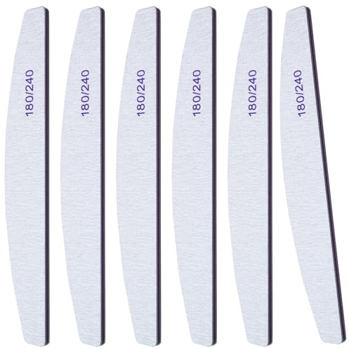 6Pcs Washable Professional Nail Files, 180/240 Grit Double Sided Nail Files for Gel Natural and Acrylic Nails, Half-Moon Fingernail File Manicure Tools Nails Buffing Block for Home Salon and Pet