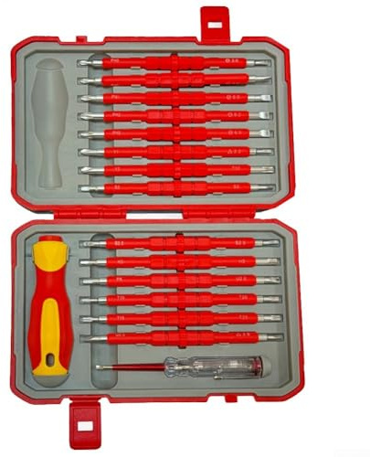 Jeu de tournevis isolés 29 en 1 au chrome-vanadium - Poignée ergonomique - Pointe magnétique - Pour ordinateur, électricien, bricolage, antidérapant - Rouge métallique - Résistant à la température