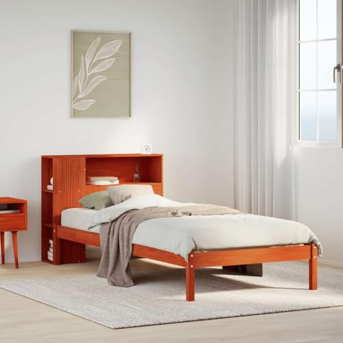 Qnhdfrt Massivholzbett mit Bücherregal Kopfteil 75x190 cm Lattenrost Stauraum Wachsbraun Kiefernholz Rustikales Design für Schlafzimmer Gästebett Jugendbett