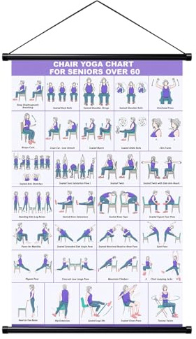 Chair Yoga Poster für Senioren & Anfänger – 31 sanfte Yogaübungen im Sitzen,Trainingsplan für Zuhause & Büro, Yoga Wandbild mit Hängestange, Stretching & Beweglichkeitstraining, Home Workout Geschenk
