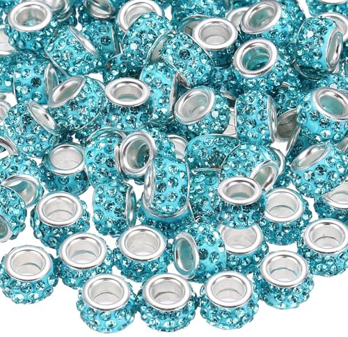 QUARKZMAN 100 Pcs Perle Con Foro Grande, 12mm Perle Rhinestone Europee Per Realizzare Bracciali Gioielli, Penne Artigianali (Blu Lago)