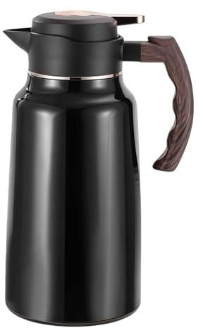 Bqkroa 2L Rostfritt stål Termoskanna: Svart Rostfritt stål Dubbelväggig Isolerande kanna med lock, Rostfritt stål isoleringskanna med trägrepp, Vakuumisolering Kaffekanna för Kaffe, Te, Vatten, Varmt