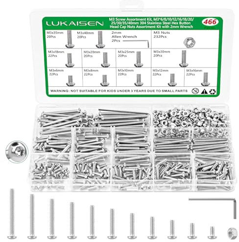 Lukaisen 466 Stk M3 Schrauben Set, Inbus Maschinenschrauben Sortiment Kit | Linsenkopf Innensechskantschrauben Muttern Set, Gewindeschrauben und Muttern mit Unterlegscheiben Set