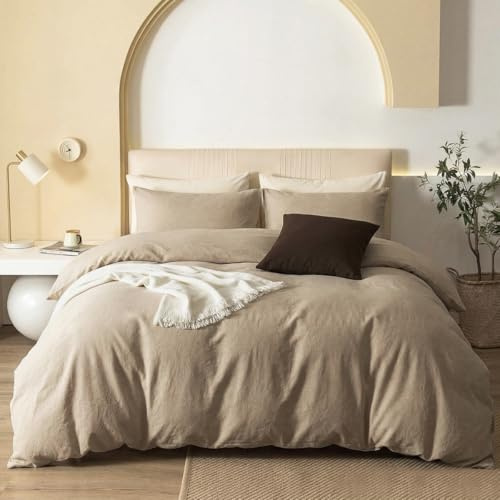 Soifox Musselin Bettwäsche 135x200 Baumwolle - Beige Bettbezug 135x200 cm + Kissenbezug 80x80 cm, Bettwäsche-Sets Bügelfrei & Knitterfrei mit Reißverschluss