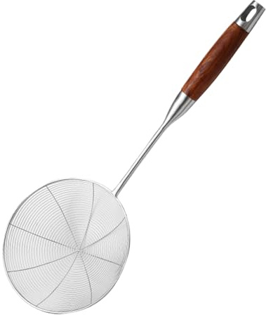 Colador Spider - Skimmer De Madera Y Acero Inoxidable De 17,05 Pulgadas | Colador De Cuchara Para Freidora De Cocina, Espumadera De Alambre Con Malla En Espiral, Cucharón De Alambre Para Pasta