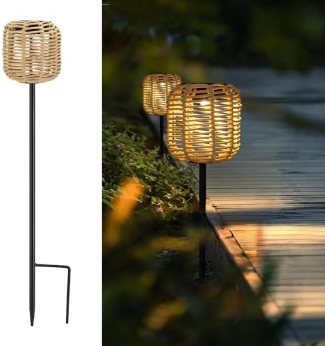 WRQIOO Rattan Solar Lights, Solar Stake Lights Garden, Waterproof So-lar Torch Lig-hts, Rattan So-lar Lantern Stake, So-lar Garden Path Lig-hts, Wicker S-olar Ligh-ts for Pathways, Patios, Driveways