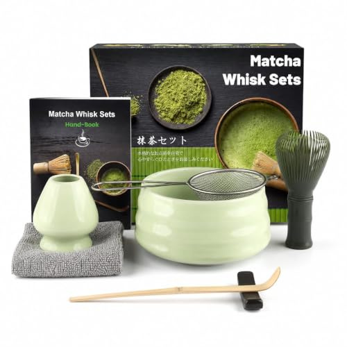 7pcs Matcha Whisk Set, Japanese Matcha Set Includes Yellow Plastic Chasen Whisk, Whisk Holder, Ceramic Matcha Bowl, Scoop, Sifter, Absorbent Cloth, Matcha Tea Kit for Beginners & Tea Lovers, Green