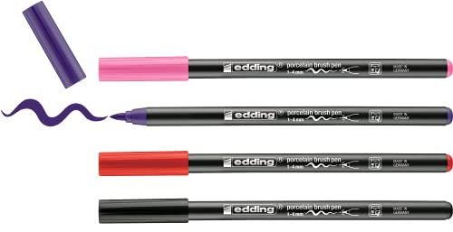 edding 4200 Brush Pen per Porcellana, Nero, Vosso, Viola, Rosa, 4 Penne, Punta 1-4 Mm, per Dipingere e Decorare Ceramica, Porcellana, Lavabile In Lavastoviglie, Asciugatura Rapida