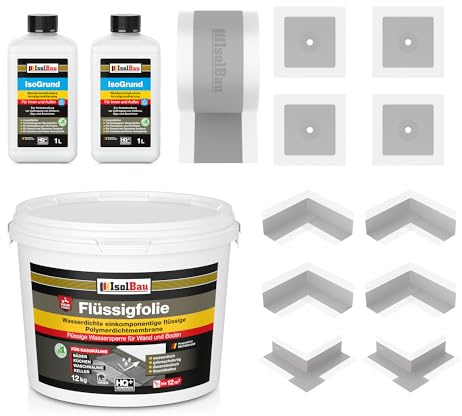 Isolbau Dicht-Set - Inkl. 1x Flüssigfolie (12 kg), 2x Grundierlösung (je 1 L), 1x Dichtband (20 m), 4x Innenecken, 2x Außenecken & 4x Manschetten