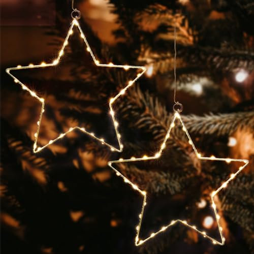 JIAPEI Weihnachtsstern Lichter, Leuchtstern Fensterdeko 8 Modi 40 Warmweißen Leds Lichterketten Batteriebetriebene Christbaumschmuck Lichter Dekorationen für Halloween, Balkon, Party Garten, 2 Stück