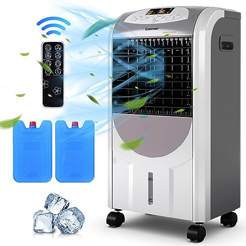 COSTWAY 5 en 1 Enfriador de Aire, Aire Acondicionado Portatil 75W, Purificador de Aire, Humidificador y Ventilador, 3 Velocidades, con Control Remoto, Pantalla LCD, Tanque de Agua 7L, Temporizador 8H