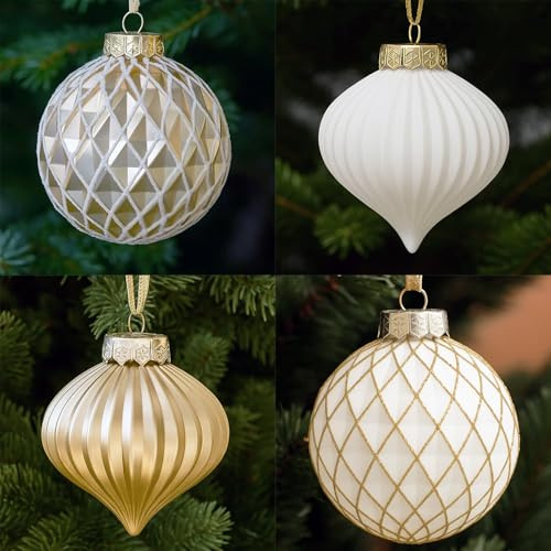 Palline di decorazione per albero di Natale in oro bianco da 28 pezzi - Set di palline di Natale, ghiaccioli e fiocchi di neve in plastica infrangibile