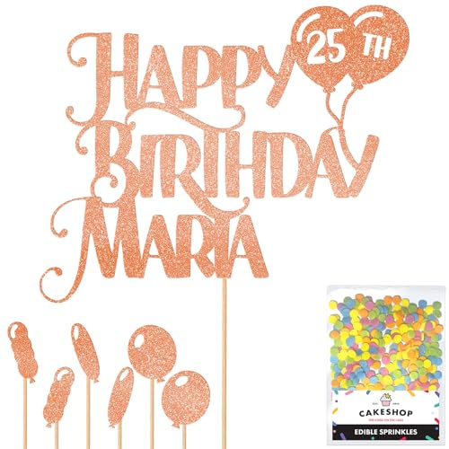 Personalised Happy Birthday Glitter Cake Topper inc Balloons - Rose Gold Any Name & Age Glitter Cake Decoration and Sprinkles - Happy Birthday Decorations - Personalised Toppers for Cakes by Cakeshop