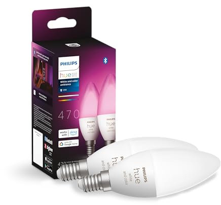 Philips Hue White & Color Ambiance E14 LED Lampen 2er Pack (470 lm), dimmbare LED Leuchtmittel für das Hue Lichtsystem mit 16 Mio. Farben, smarte Lichtsteuerung über Sprache und App