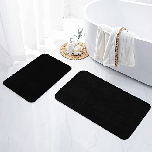 Homaxy Weich Hochflor Badezimmerteppich, Set 41 x 61 + 51 x 76 cm, Schwarz | Saugfähig, Flauschige, Hochflor, Mikrofaser, Rutschfest, Maschinenwaschbar, Für Dusche, Badewanne, Badteppich, Badvorleger