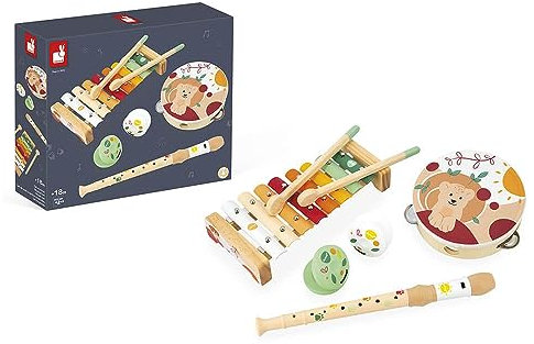 Janod - Musikset 5 Holzinstrumente Sunshine - Rollenspiel und musikalische Früherziehung - Wasserfarbe - Ab 18 Monaten, J07615