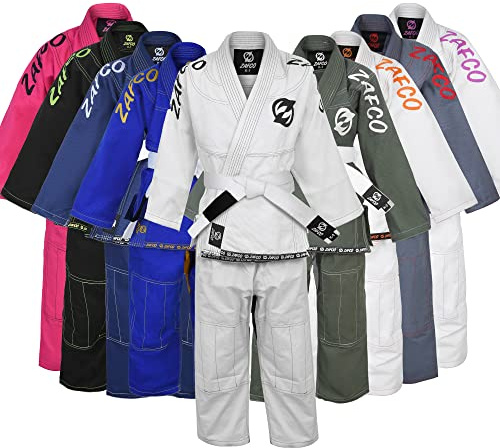 Zafco Sports Brazilian Jiu Jitsu, Kids Jiu Jitsu Gi Children BJJ Gi Grappling Kimonos Lightweight White Belt (White/Black, K000)