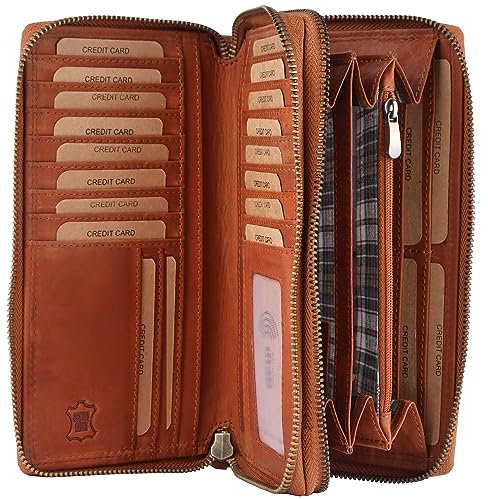 Benthill Geldbörse Damen Gross Echt Leder | Portemonnaie Damen Groß mit RFID Schutz | Geldbeutel aus hochwertigem Rindsleder mit vielen Kartenfächer inkl. Geschenkbox, Farbe:Braun