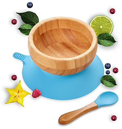 Kleiner Fuchs Bambus Baby Schüssel mit Saugnapf, Schüssel mit rutschfestem Saugnapf inkl. passendem Baby Löffel, hochwertiges Baby Geschirr Set mit Saugnapf inkl. Geschenkbox - Basis Design