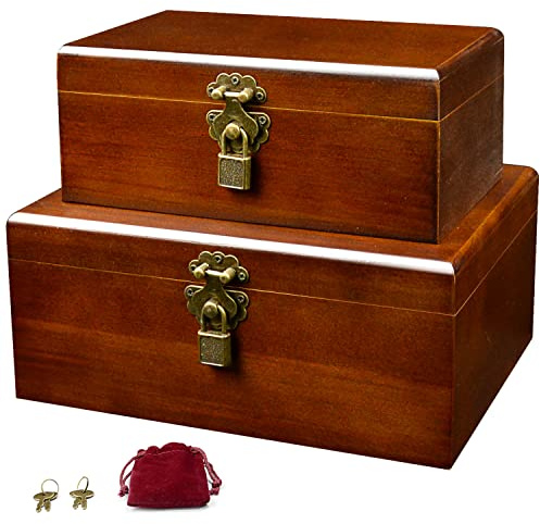 Set of 2 Wooden Storage Boxes Container with Hinged Lid, Large Wood Craft Keepsake Decorative Box with Lock and Key, Small Chest Memory Gift Box for Jewelry Christmas Wedding Travel Trinket Treasure