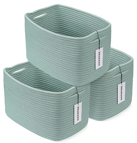XUANGUO Lot de 3 paniers de rangement rectangulaires en corde de coton tissée pour organiser les étagères, les placards, les vêtements, les jouets, les livres, les serviettes, 38 x 25 x 22 cm (vert)