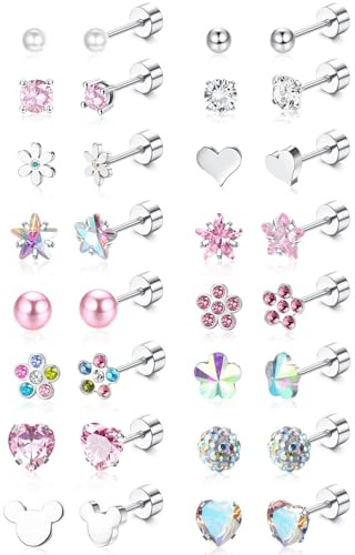 Diamday 16 par skruv tillbaka örhängen knopp för kvinnor flickor kirurgiskt stål små broskknoppörhängen CZ hjärta blomma stjärna boll skruv platt rygg